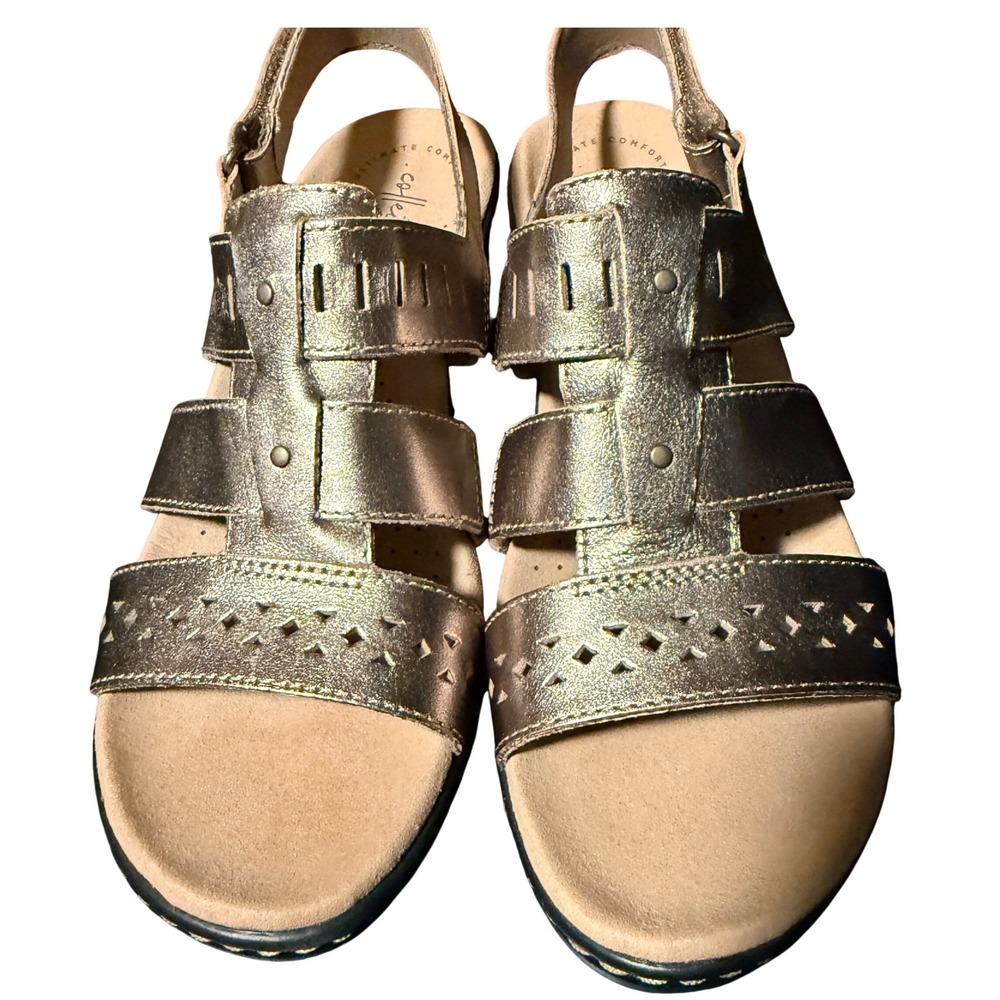 Clarks Lexi Qwin NEW Sandals Women 9.5 Pewter Metallic Leather Wedge Strappy - Picture 6 of 8